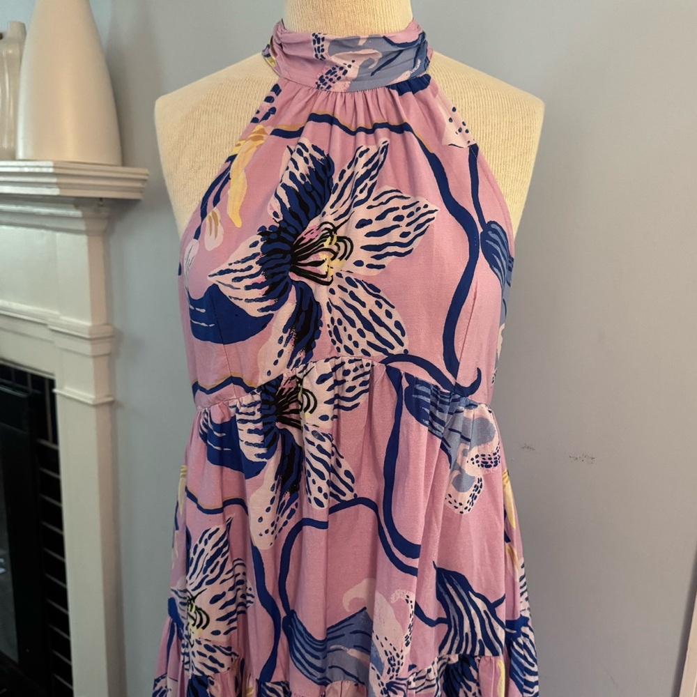 Anthro x Sarah Gordon tiered halter midi dress in lavender lilac blue floral - Picture 6 of 11